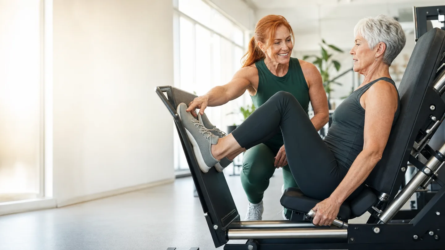 A red-haired trainer coaching a client through proper leg-press form